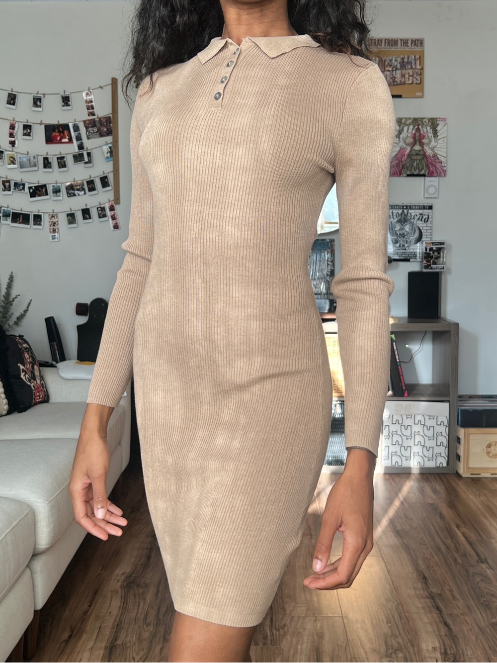 Primark Beige Rib-Knit Polo Sweater Dress